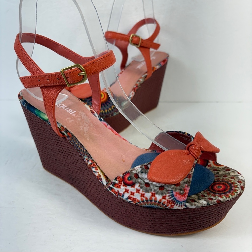 Desigual Red Multi-Color Floral Print Platform Wedge Sandals 40 (9-9.5)